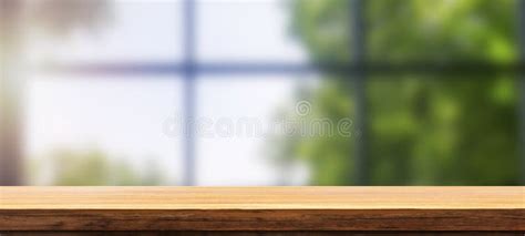 Empty Wooden Table And Blur Glass Wall Background Window Room Interior