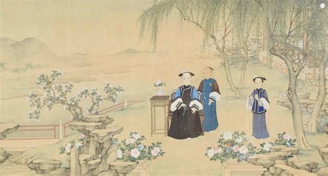 Chinese Ancestral Portrait In Outdoor Court Scene Qing Dynasty