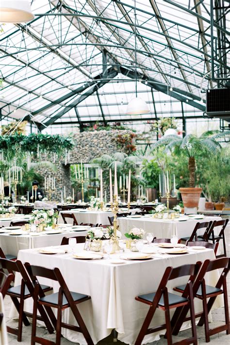 Greenhouse Garden Party Wedding Reception With Gold Tablescape At