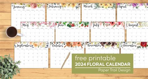 Horizontal Floral Printable Calendar 2024 Paper Trail Design