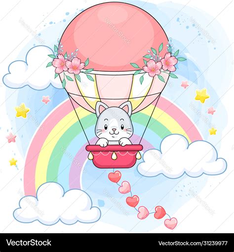 Cute Pastel Kitten On A Pink Hot Air Balloon Vector Image
