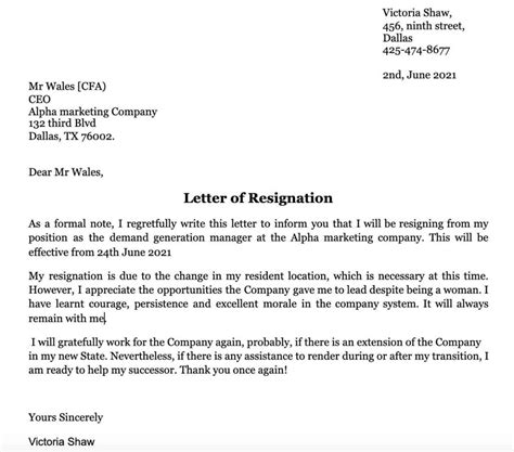Sample Letter Of Resignation Letter