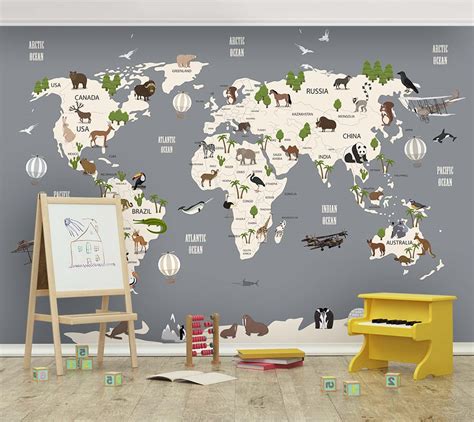 Dünya Haritası Ülkeler Okyanuslar ve Canlılar Çocuk Odası Duvar Kağıdı