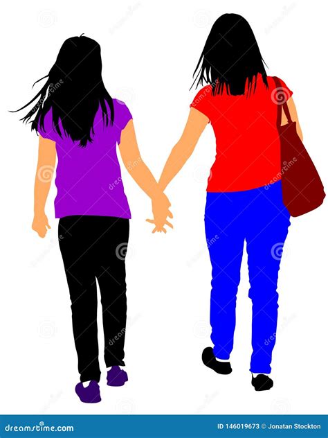Two Lesbian Girls Hand To Hand Silhouette Illustration Isolated On