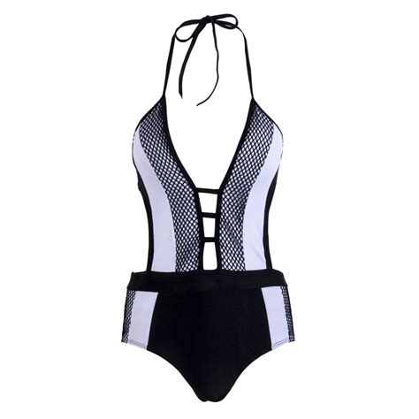 Sexy Women Push Up Bikini Black White Net Patchwork Bandage Monokini One Piece Suit Swimsuit