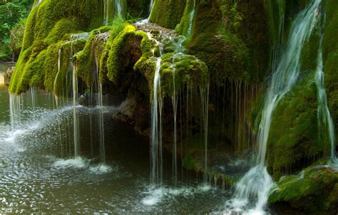 Wallpaper Greens Stones Waterfall Moss Romania Bigar Waterfall