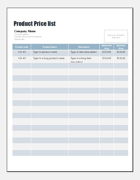 Ms Excel Product Price List Templates Microsoft Excel Templates