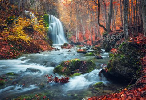Waterfall At Mountain River In Autumn Forest At Sunset Stock Photo By Den Belitsky