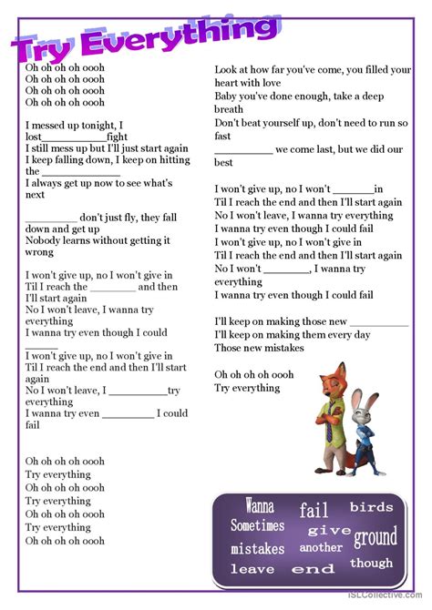 Try Everything Zootopia song and nur…: English ESL worksheets pdf & doc