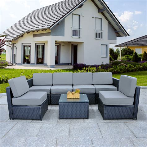 Mcombo Outdoor Patio Black Wicker Furniture Sectional Set All Weather