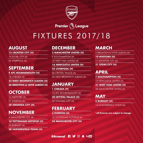 We present a list of matches as month calendar, it is a clear and simple form of presenting football games. Revealed: Arsenal's full 2017/18 Premier League fixture ...