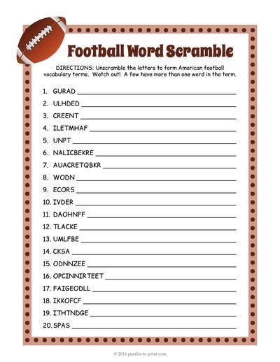 Free Printable Football Word Scramble Superbowl Party Games Football