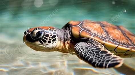 Baby Green Sea Turtle Floating In Water Background Cute Picture Of Sea
