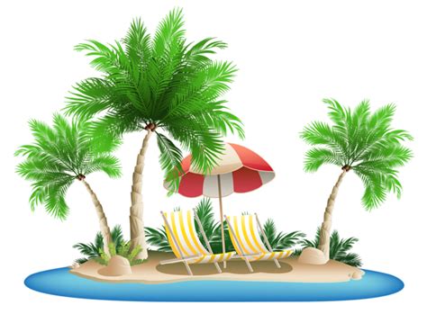 Beach Umbrella With Chairs And Palm Island Png Clipart Palm Tree Clip