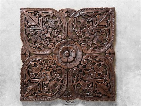 Thai Oriental Lotus Carved Wood Wall Art Decor Siam Sawadee