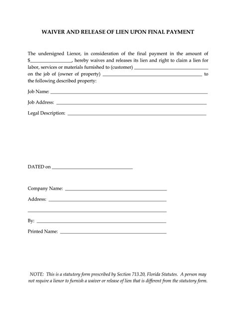 Fl Waiver And Release Of Lien Upon Final Payment Fill And Sign