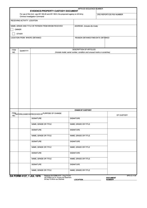 Fillable Da Form 4137 Evidenceproperty Custody Document Printable Pdf