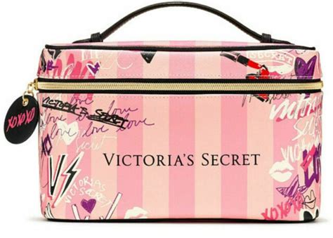 2 Pc Victorias Secret Pink Striped Cosmetic Bag Makeup Train Vanity