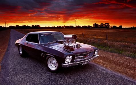 Wallpaper Sunset Field Road Muscle Cars Sports Car