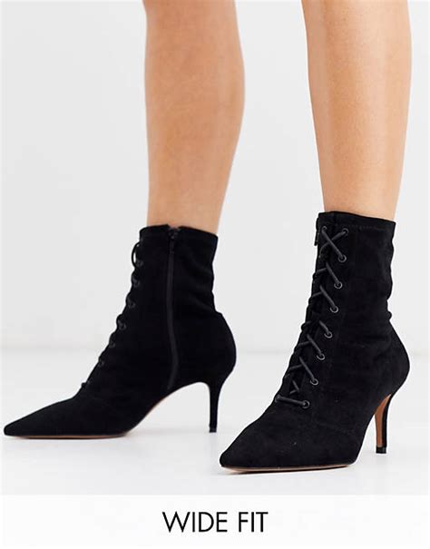 asos design wide fit respect lace up kitten heel boots in black asos
