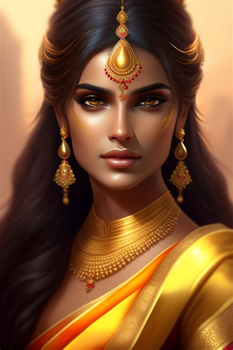 Lexica Beautiful Adorable Indian Princess Youthful Attractive Golden Reflective Saree Dress