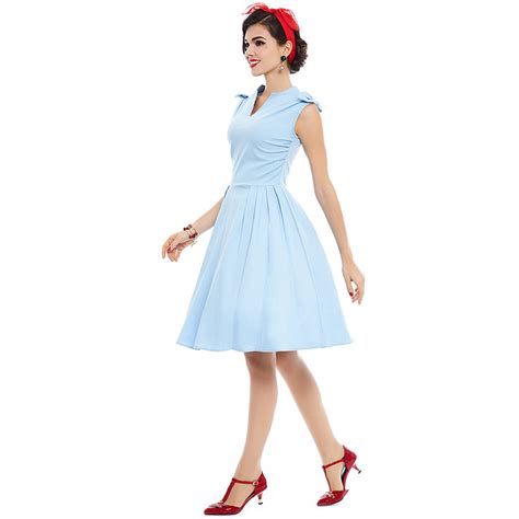 Sisjuly Women Vintage Dress Summer Elegant 1950s Retro Sleeveless Dresses Party Style Blue A