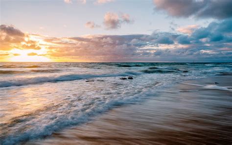 Beach Ocean Clouds Sunset Surf Waves Sea Wallpaper