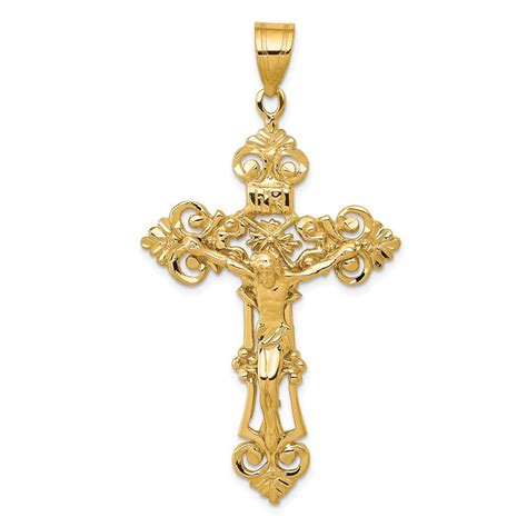 Diamond2deal 14k Yellow Solid Gold Inri Fleur De Lis Crucifix Cross