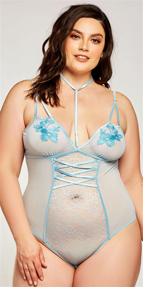 plus size light blue floral applique mesh teddy with choker lingerie