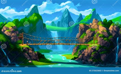 Cartoon Bridge Architecture Suspension River Crossing Bridgework