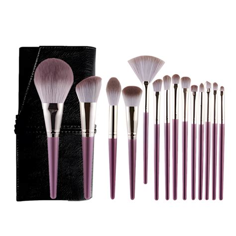 Makeup Brush 14 Piece Set Purple Wooden Handle Makeup Brush Black Bag