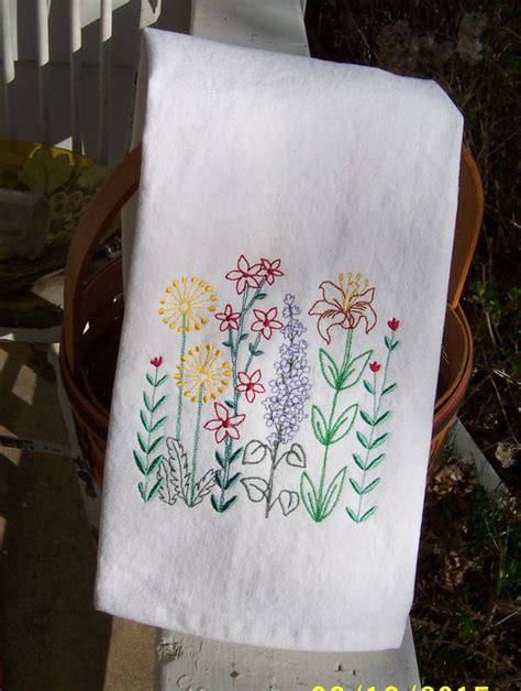 Garden Flowers 2 Embroidered Tea Towelembroidered Kitchen Etsy In