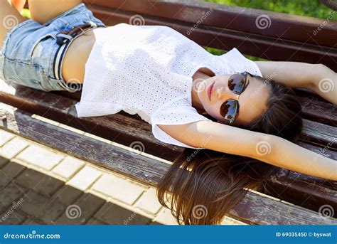 Beautiful Brunette Girl Stock Photo Image Of Bench Confident 69035450
