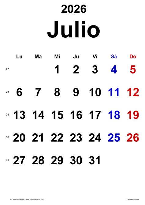 Calendario Julio 2026 En Word Excel Y Pdf Calendarpedia