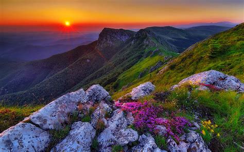 Balkan Morning Rocks Grass Fiery Bonito Sunset Valley Wilderness