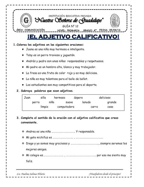 Adjetivos Calificativos Worksheet For Quinto De Primaria Images And