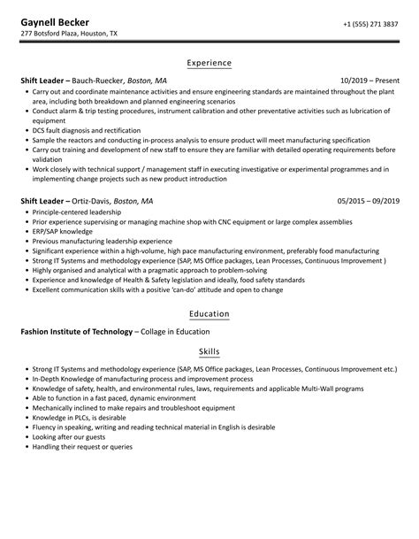Shift Leader Resume Samples | Velvet Jobs
