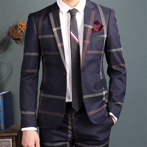A wide variety of mens navy suits options are available to you, such as feature, supply type, and fabric type. OSCN7 Navy Blue Slim Fit Plaid Suit Men Notch Lapel ...