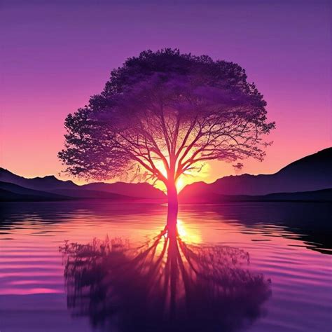 Premium Ai Image A Purple Sunset Over A Lake Surrounded By Trees