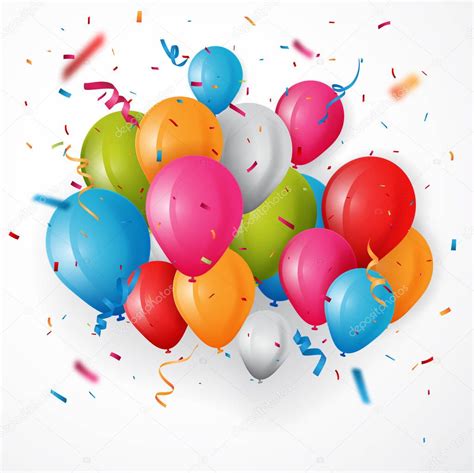 Colorida ilustración vectorial del fondo de la tarjeta de cumpleaños Manojo de globos y confeti
