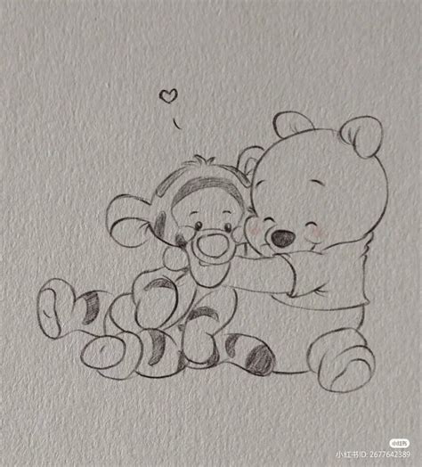 A Drawing Of Winnie The Pooh Hugging A Teddy Bear With A Heart Shaped