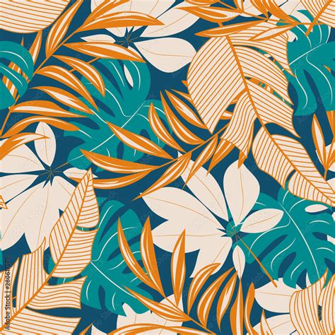 Vetor De Abstract Seamless Pattern With Colorful Tropical Leaves And