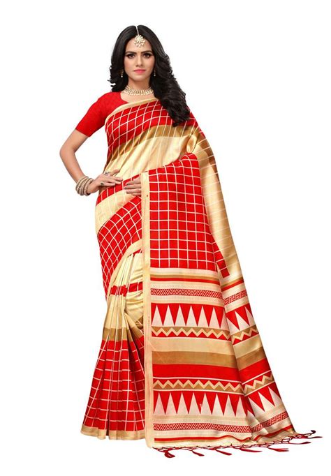 Red And Cream Printed Mysore Silk Saree With Blouse Muhenera S 2716070