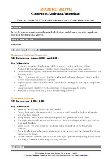 Classroom Assistant Resume Samples Qwikresume