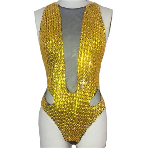 Custom Sparkly Gold Crystal Rhinestones Bodysuit Jumpsuit Women Sexy Party Costumes Stage Dance