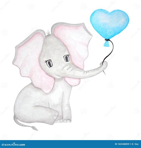 Cute Elephant With Balloon Watercolor Hand Drawn Illutration Stock