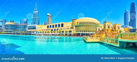 Panorama Of Modern Buildings Around Burj Lake Dubai Uae Editorial