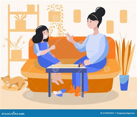 Mom And Daughter Play Board Games At Home Stock Vector Illustration