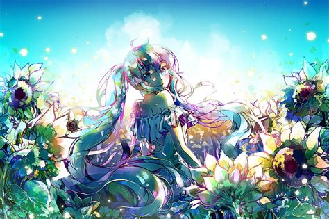 Hd Wallpaper Hatsune Miku Flowers Garden Vocaloid Leaves Anime