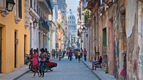 Street Scene In Old Havana On Calle Brazil With Capitolio Building